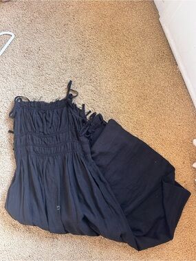 Smocked Midi Dress with Adjustable Shoulder Ties - Black